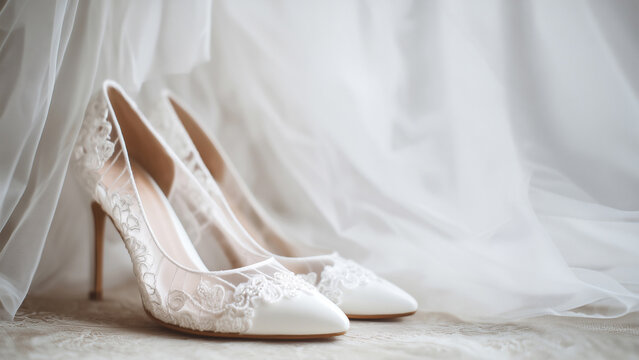 White elegant wedding classic high heel shoes with laces, bride veil background with copy space for text