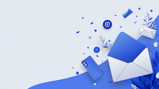 Banner of email marketing. Subscription to newsletter, news, offers, promotions. Follow me. A letter in an envelope and phone. Buttons template. Subscribe, submit. Send by mail. Blue and White. Eps 10