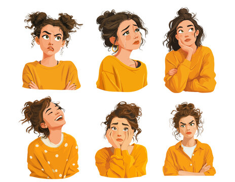 Woman emotions set. Brunette girl in a yellow sweater angry cries laughs sad thinks, feelings facial expressions psychology mental health portrait character vector illustration