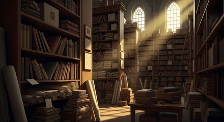 Obraz premium International Museum Day Museum Archive Room with Old Books, Manuscripts, Vintage Library Atmosphere and Soft Light Rays