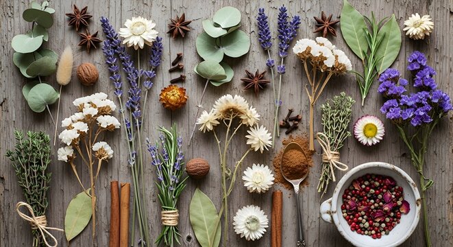 Herbal Remedies Flat Lay: Dried Flowers, Spices, and Botanicals on Wood