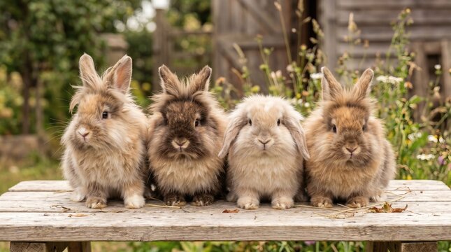 Four fluffy rabbits sitting on a wooden bench in a garden.