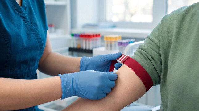 A medical professional (phlebotomist) prepares a patient's arm for a blood draw or venipuncture in a clinical lab