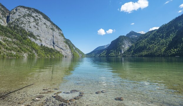 Heart made of stones in water, view across Lake K&ouml;nigssee, Berchtesgaden National Park, Berchtesgaden District, Upper Bavaria, Bavaria, Germany