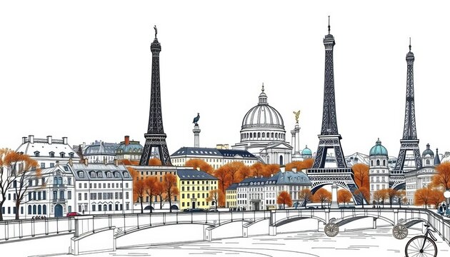 Intricate line drawing of Parisian landmarks, sketched style, graphic design, illustration