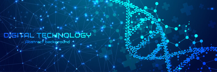 Obraz premium Futuristic digital DNA double helix with medical cross icons and molecular network on blue technology background, biotech healthcare concept banner