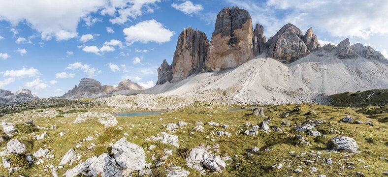 Northern walls of the Three Peaks of Lavaredo, Lake near Col Forcellina, Sesto Dolomites, South Tyrol, Trentino-South Tyrol, Alto-Adige, Italy