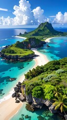 Obraz premium Aerial view of a tropical island scene. Turquoise waters, sandy beaches, lush greenery, and a mountain under a bright blue sky