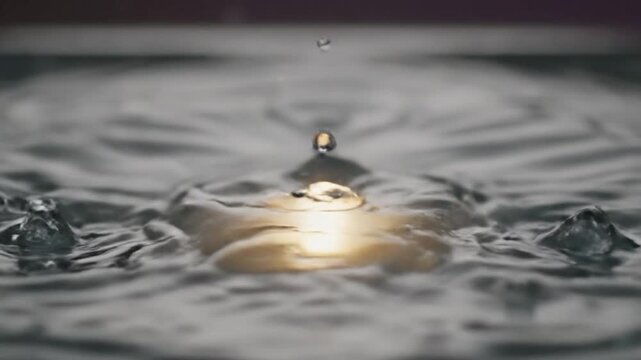 Macro video of clear transparent liquid forming a circular crown splash with undulating edges and concentric ripples on a black background, showcasing high-speed fluid dynamics.