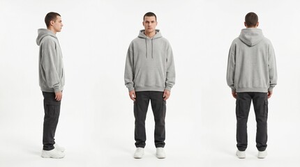 Obraz premium Man Posing in Gray Hoodie and Cargo Pants on a White Background 3d Render
