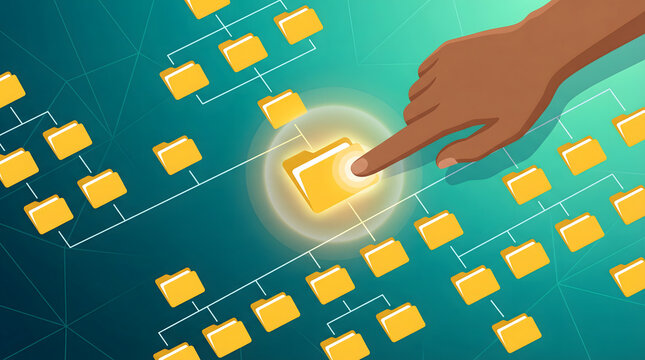 hand clicking folder on digital flowchart background