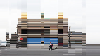 Woman standing near distorted classical building facade created with digital glitch stripes....