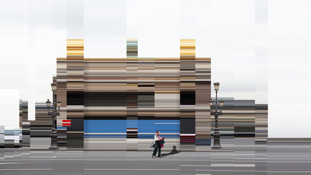 Woman standing near distorted classical building facade created with digital glitch stripes. Concept of cultural transition, modern perception, urban space and fusion of history with technology.