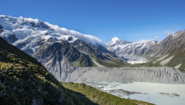 View of Hooker Valley with Mueller Lake, Hooker Lake and Mount Cook, Sealy Tarns Track, Hooker Valley, Mount Cook National Park, Southern Alps, Canterbury, South Island, New Zealand
