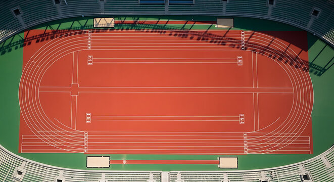 Aerial view of an empty red running track and green field inside a large sports stadium, ready for athletic events.