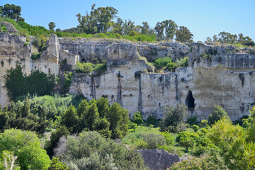 Fototapeta premium Ancient rock quarry walls and lush spring vegetation in archaeological park Syracuse, Sicily