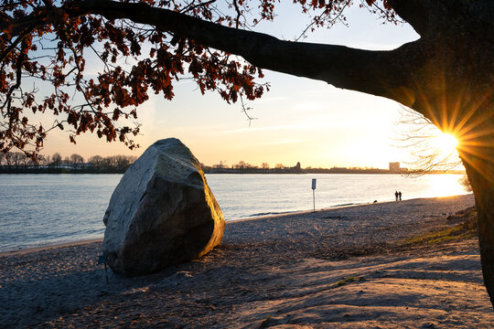 Famous boulder (Alter Schwede) at the beach of the Elbe River in Hamburg