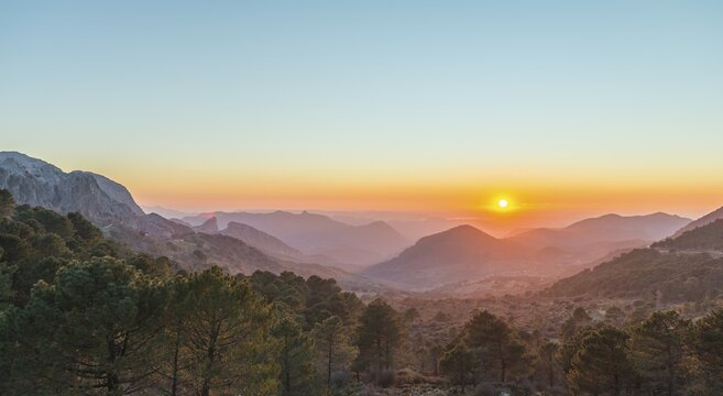 Wooded mountain landscape at sunset, Mirador Puerto del Boyar, Vale del Boyar, Sierra de Grazalema, Andalusia, Spain