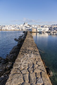Harbour wall, Naoussa harbour town, Paros island, Cyclades, Greece