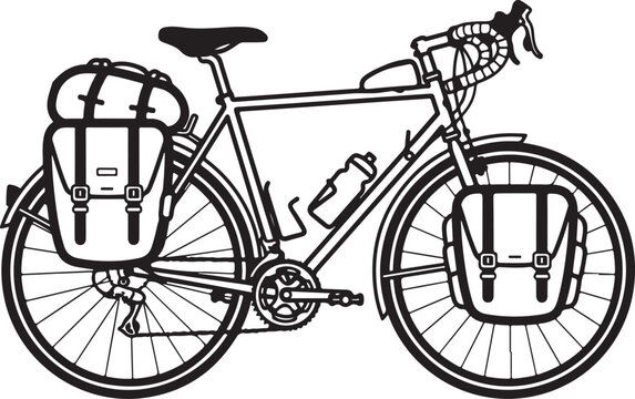 Bicycle, bike with luggage, cycling accessories, black line art