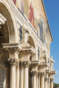 Facade of the Church of All Nations, also Basilica of Deathly Fear, Roman Catholic sacred building in the Garden of Gethsemane at the foot of the Mount of Olives in Jerusalem, Israel