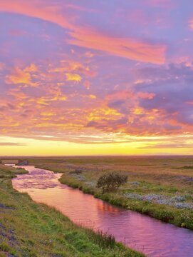 Stream in the afterglow of the sunset, Iceland