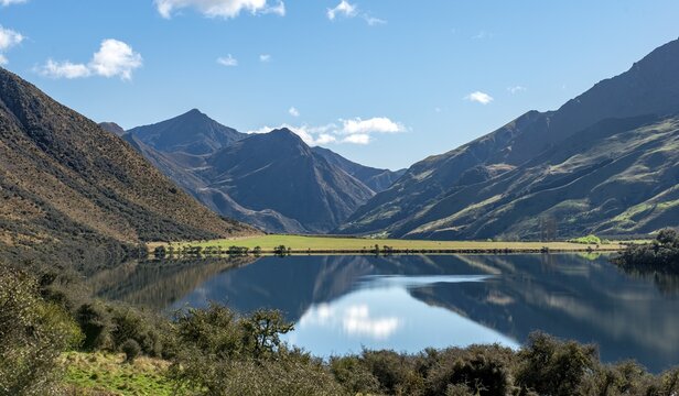 Mountains reflecting in lake, Moke Lake near Queenstown, Otago Region, Southland, New Zealand