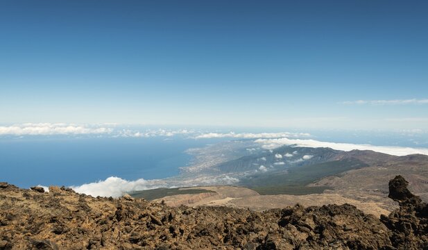 Volcanic landscape, view from Pico del Teide, 3718m, of the Orotava Valley, Parque Nacional de las Ca&ntilde;adas del Teide, Teide National Park, UNESCO World Heritage Site, Tenerife, Canary Islands, Spain