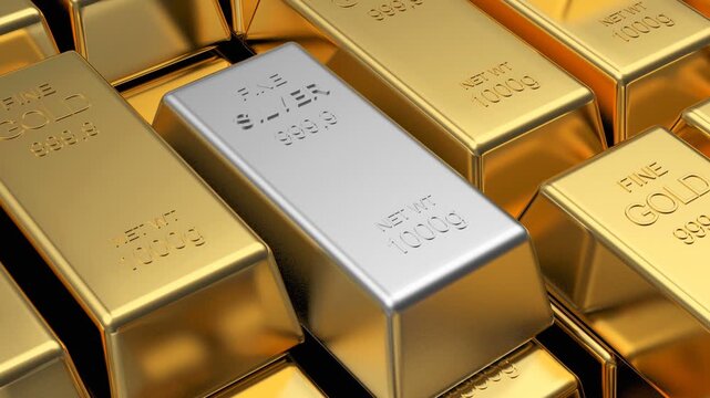Close-up of stacked gold bars with a silver bar among them as the camera glides over reflective precious metal ingots in a 3D render