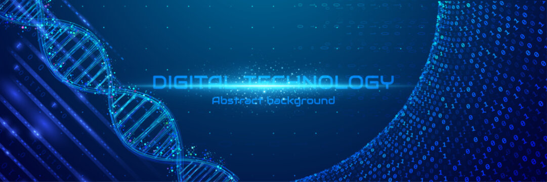 Digital DNA helix with binary code stream on blue technology background, futuristic genomics data science and biotech banner