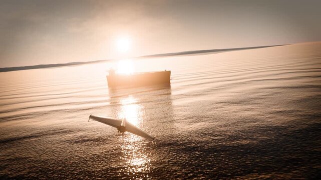 Military Drone Approaching Oil Tanker at Sunset &ndash; UAV Threat Concept Over Sea. Geopolitical Tension, 3D Render