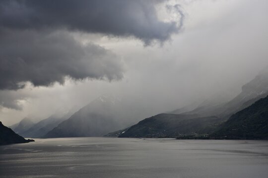 Mood created by clouds at S&oslash;r Fjord, Lofthus, Norway, Scandinavia, Europe