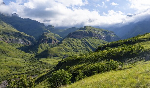 Mountains with fog at the amphitheatre, Drakensberg National Park, KwaZulu Natal, South Africa