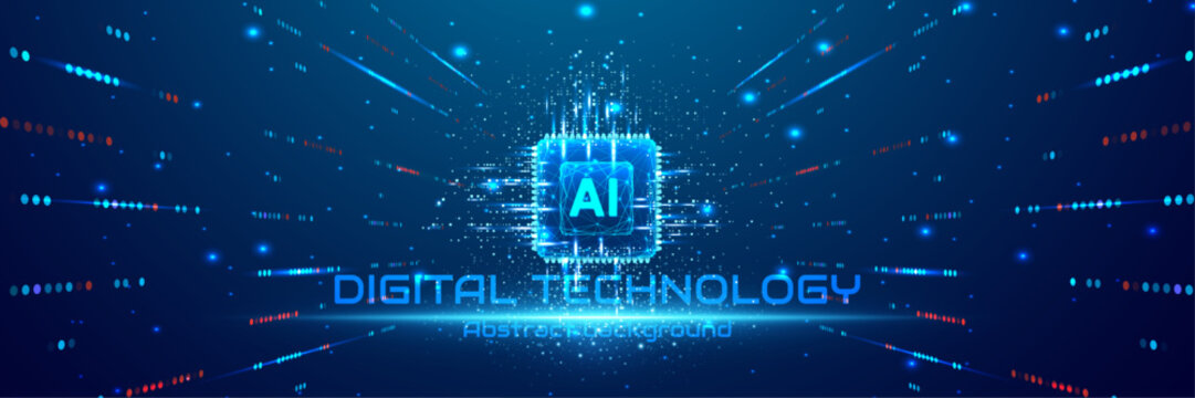 Artificial intelligence cube with fast data streams on blue digital technology background, futuristic AI big data motion banner