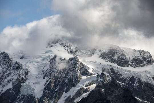 Cloud-covered mountain with snow and glacier, detail, Mt. Shuksan, Mt. Baker-Snoqualmie National Forest, Washington, USA
