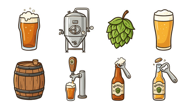 Craft beer brewing icon set with brewery equipment and beverages in flat vector style