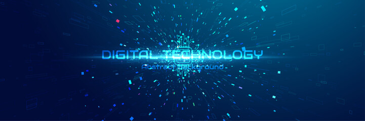 Naklejka premium Digital technology burst background with glowing microchip, data blocks and perspective light speed lines, futuristic network innovation banner