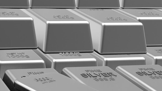 Stacked silver bullion bars fill the frame as the camera slowly pans across reflective precious metal ingots in a seamless 3D render