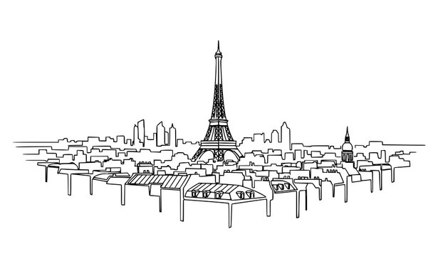 Minimal Paris skyline line art with Eiffel Tower modern continuous line vector illustration