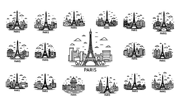 Paris skyline line art collection with Eiffel Tower continuous line city illustrations vector set