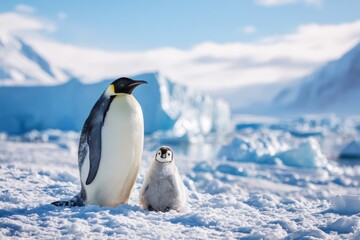 Obraz premium Mother penguin standing with baby in snowy landscape