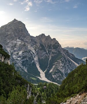 View of the peak Cima Scooter and the Rifugio San Marco, ascent to Forcella Grande, Sorapiss circuit, Dolomites, Belluno, Italy