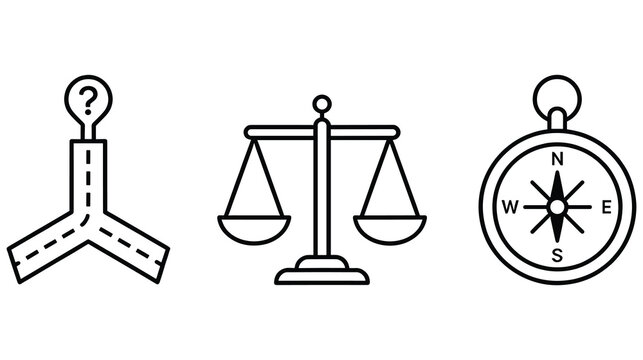Conceptual ethics and decision making icons showing fork in road scales compass.