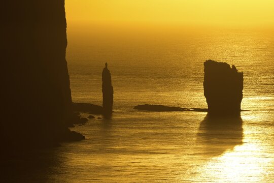 Kellingin and Risin sea stacks, petrified trolls according to legend, at sunset, Ei&eth;i, Eysturoy, Faroe Islands, Denmark