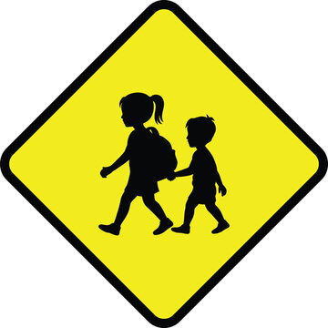 Yellow School Zone Traffic Sign Vector Illustration with Children Walking Silhouette and Backpack Symbol