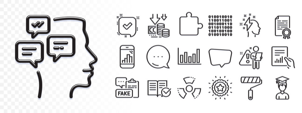 Search employee, Puzzle and Chemical hazard line icons for web app. Glare of light effect. Message icon. Pack of Student, Winner star, Graph phone pictogram icons. Vector
