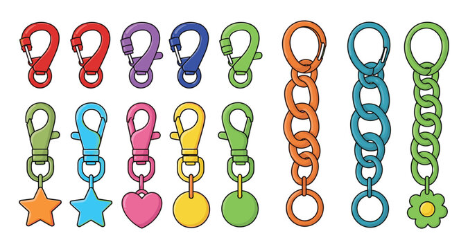 Colorful metal carabiner vector set with various keychains heart and star shapes.