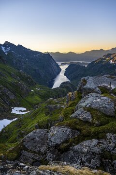 Evening mood, mountains and sea, sunset gag at the fjord Trollfjord and Raftsund, Lofoten, Nordland, Norway