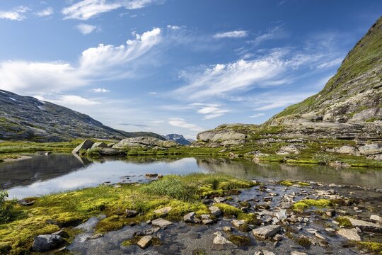 Plateau with small lakes and bogs, glacial valley, Geirangerfjord, Geiranger, M&oslash;re og Romsdal, Vestland, Norway