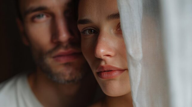 Close-up portrait of a young couple. the man is on the left side of the image, with a beard and blue eyes.